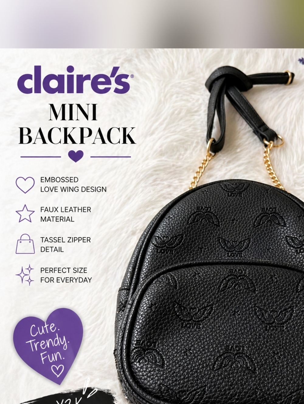 Claire’s Black Mini Backpack Y2K Love Wing Print Faux Leather Tassel Bag